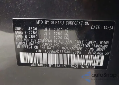 2025 Subaru Legacy Premium z USA, uszkodzony, nr VIN 4S3BWAD66S3009895